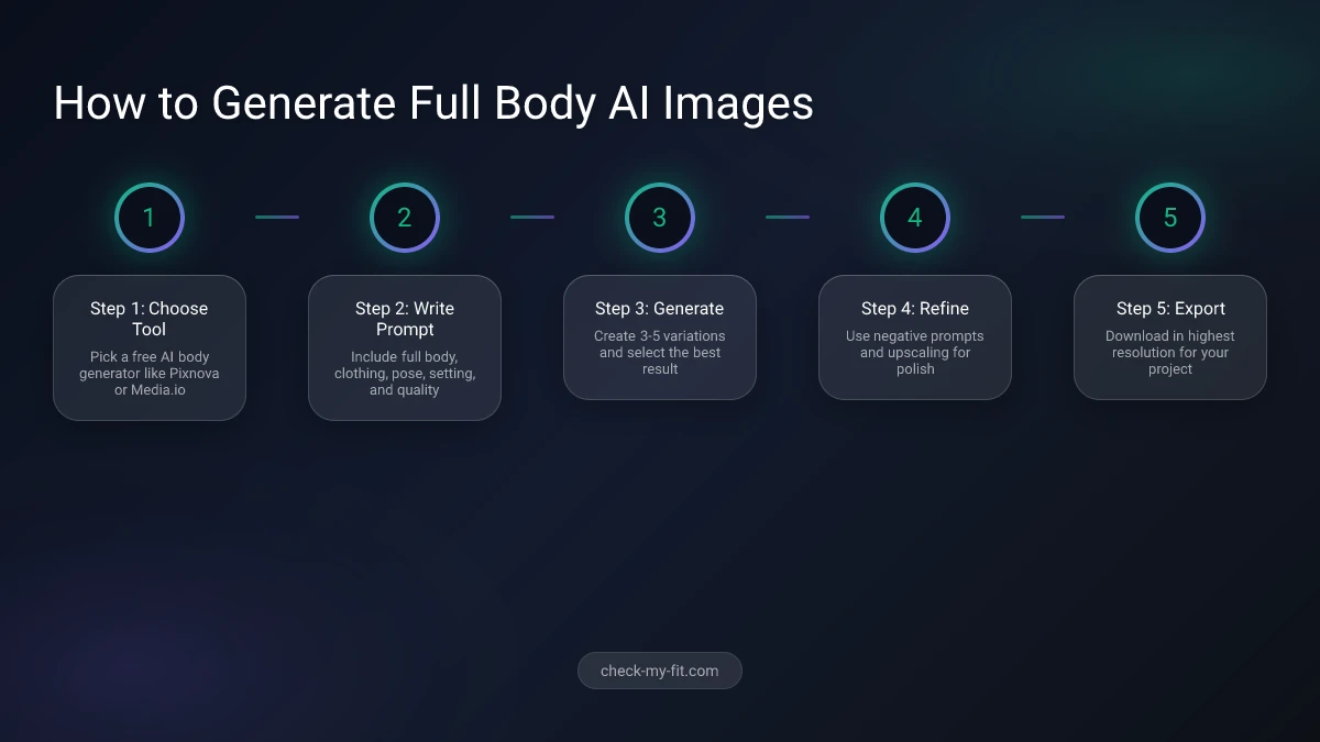 Step by step process of creating AI generated full body image from prompt to final result