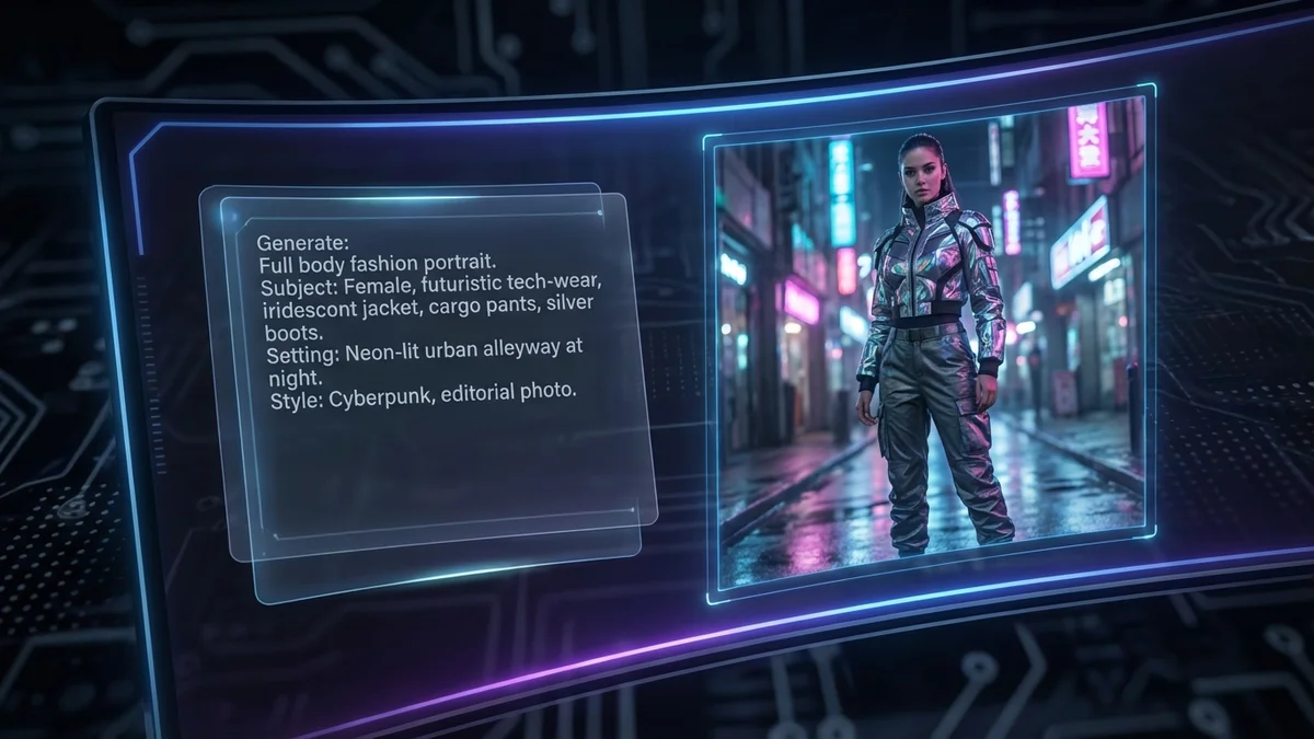 AI prompt engineering interface showing detailed text prompt and resulting full body image