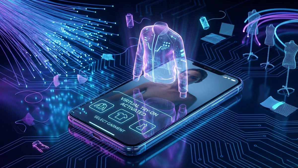 AI clothing technology concept showing virtual try-on and smart fashion