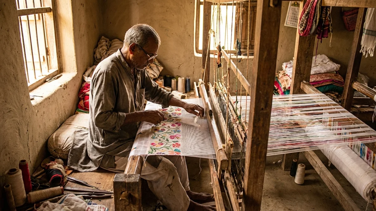 Artisan weaving traditional jamdani saree on handloom in Bangladesh