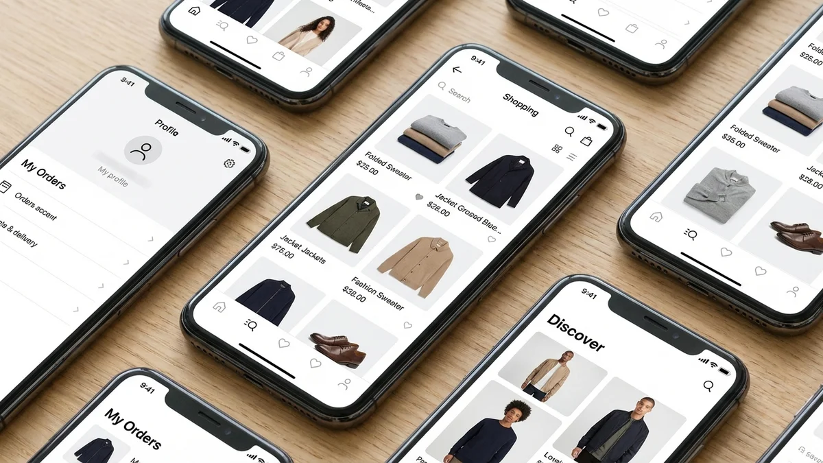 Various clothing apps displayed on smartphone screens showing shopping and try-on features
