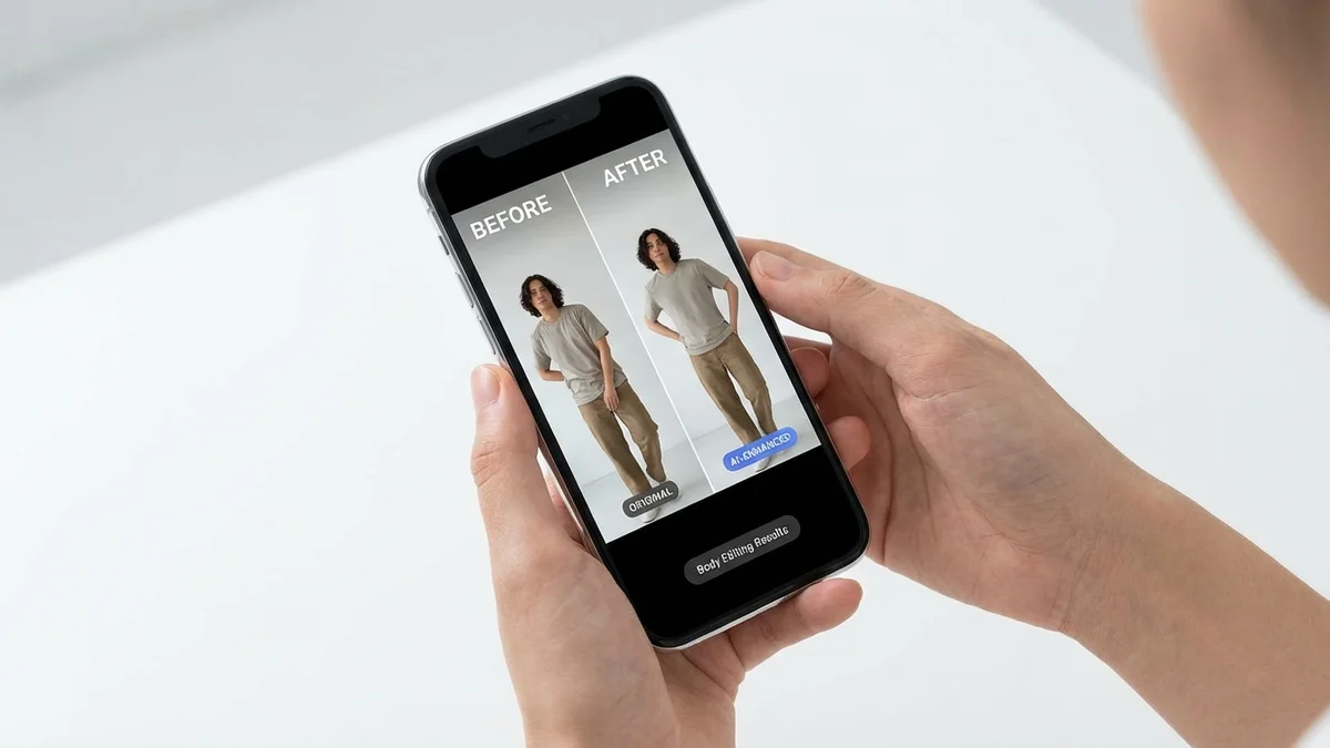 Person comparing original photo with AI-enhanced body edit on smartphone screen