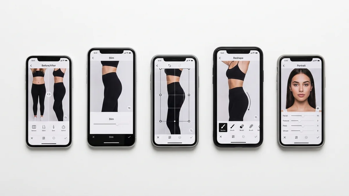 Collage showing five popular body editing apps with their interface designs