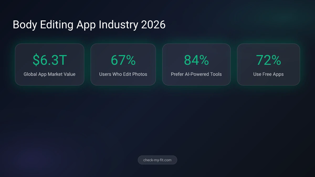 Statistics infographic showing body editing app market growth and user preferences