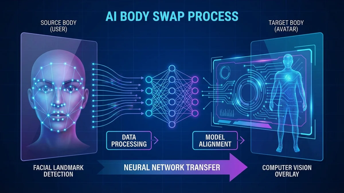Illustration of body swap AI technology showing before and after transformation