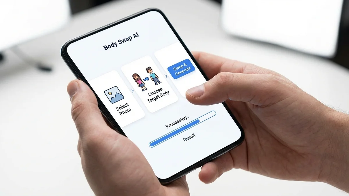 Step-by-step visual showing how to perform an AI body swap in a photo editing tool