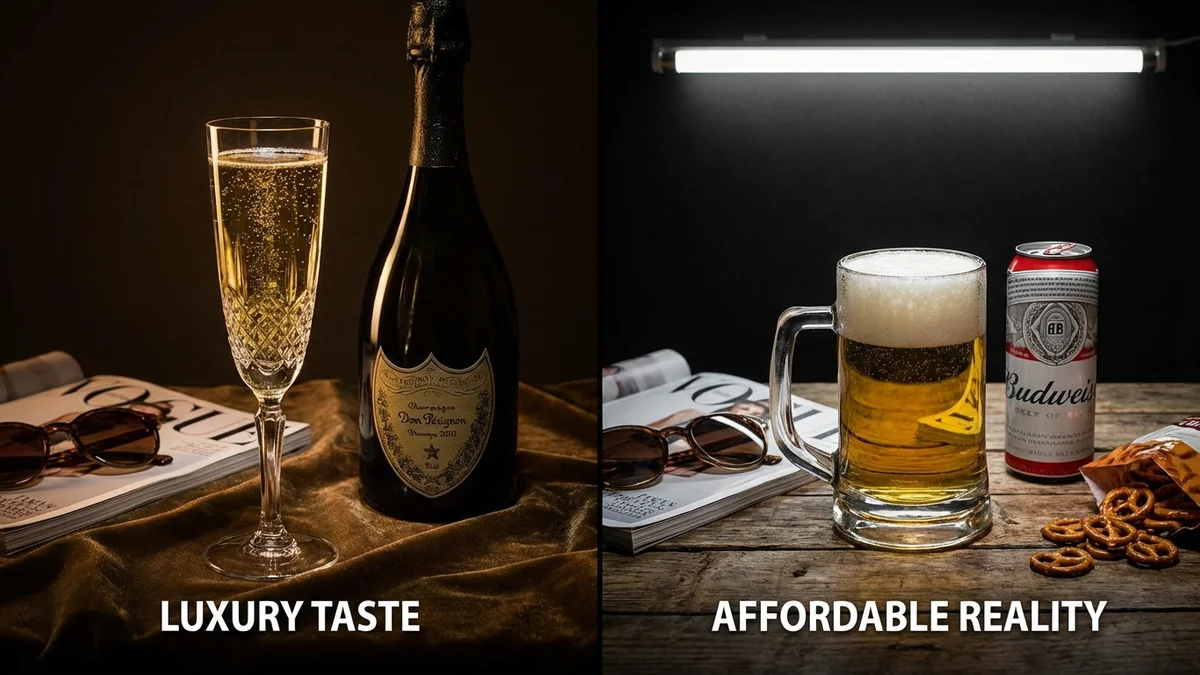 Definition illustration showing champagne glass and beer mug representing luxury taste versus limited budget