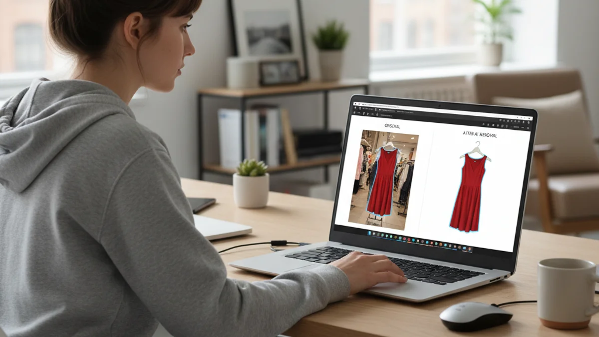 Person using AI background removal tool on laptop to edit clothing photo