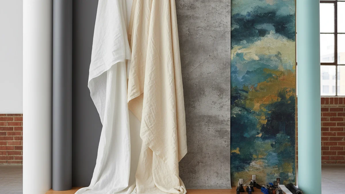 Collection of different photography backdrop materials including seamless paper muslin and vinyl rolls