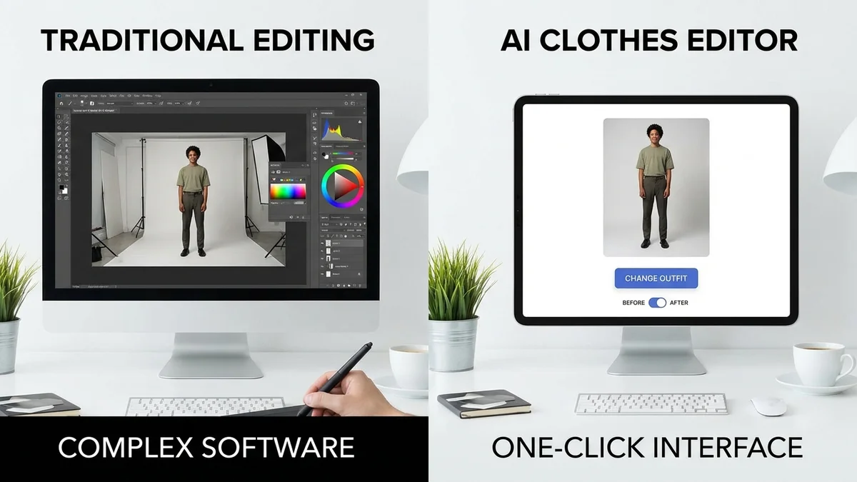 AI clothes editor interface showing outfit change on a smartphone screen