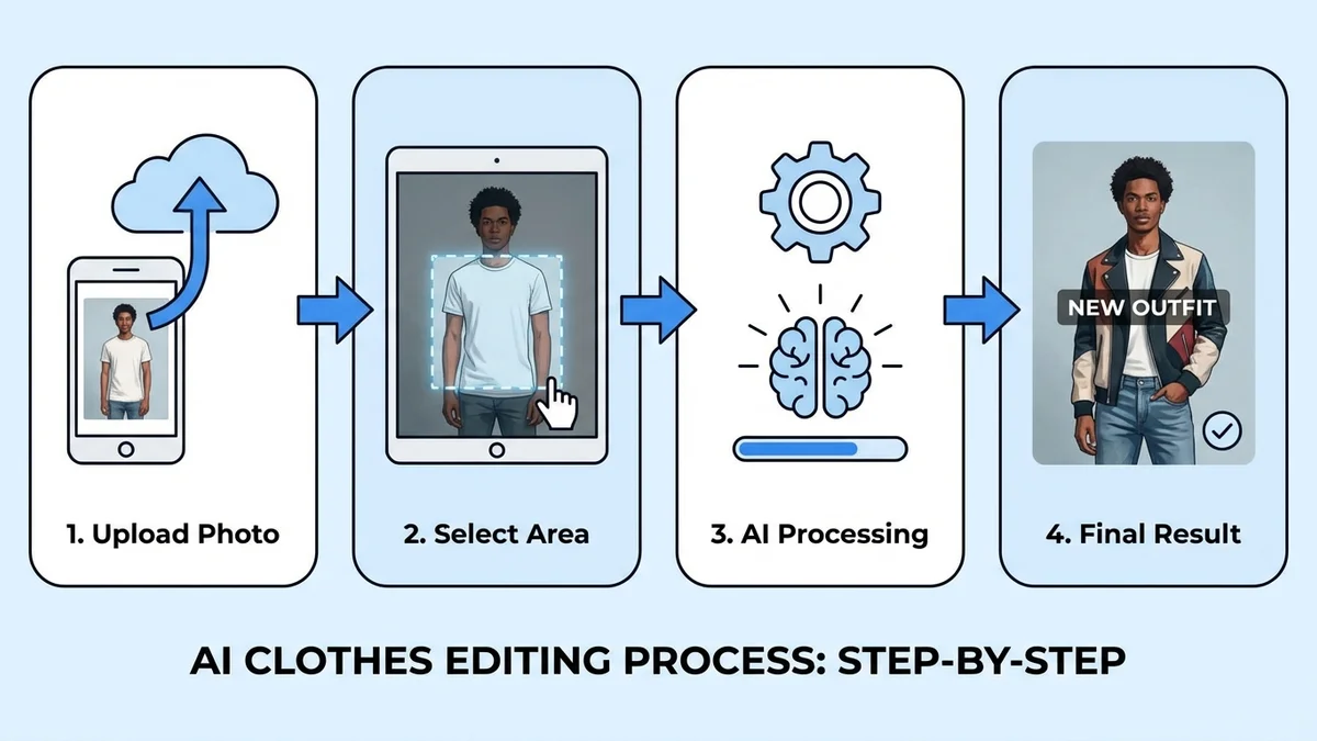 Person editing an outfit photo on laptop with AI clothes editor tool