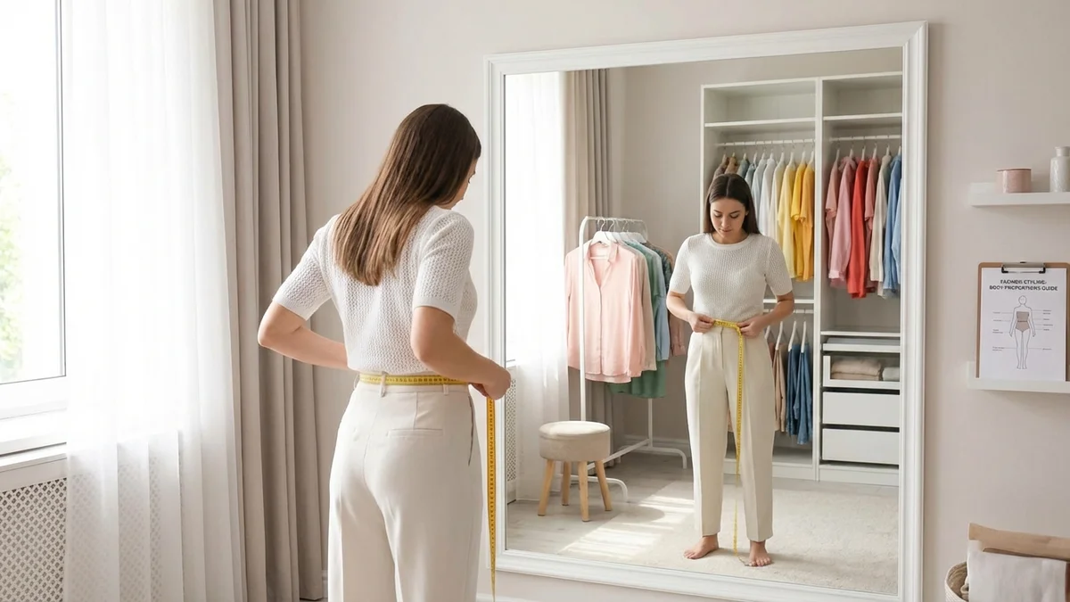 Woman measuring her body proportions to determine body type using tape measure