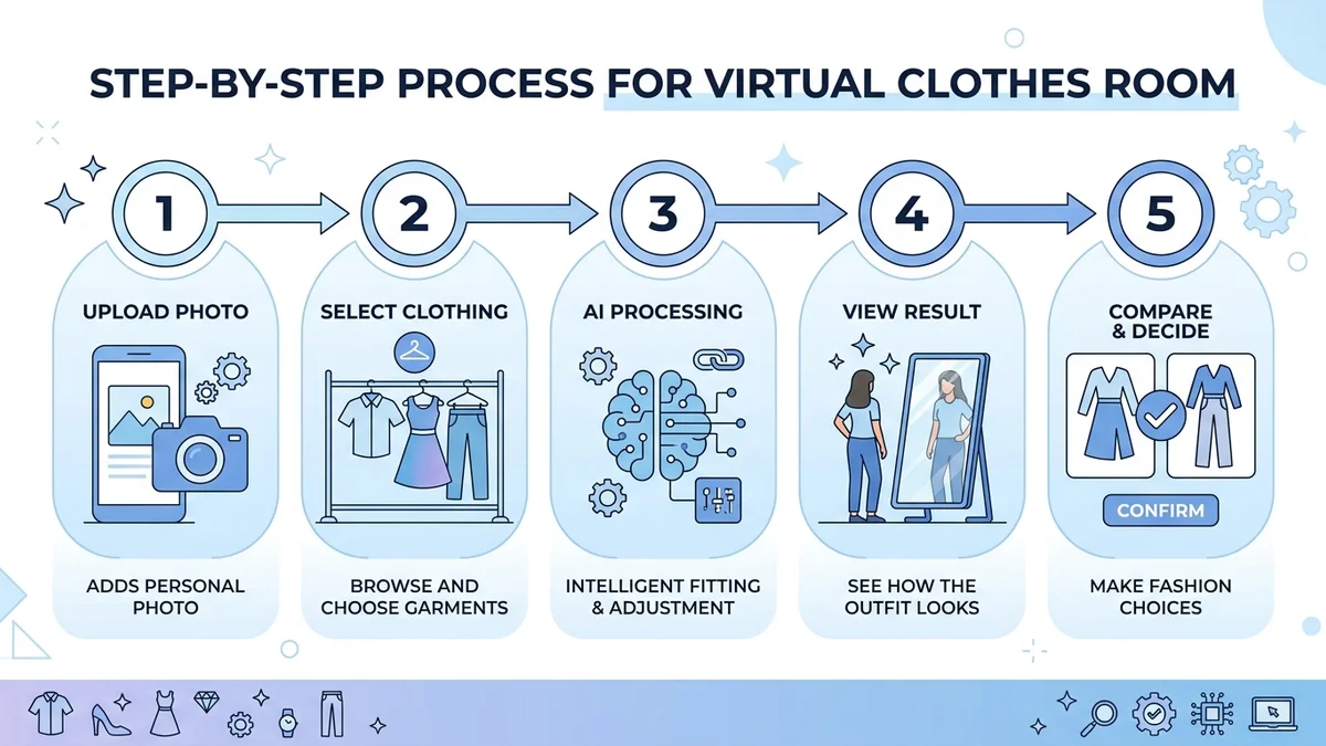 Step-by-step process of using a virtual clothes room showing upload, selection, and result