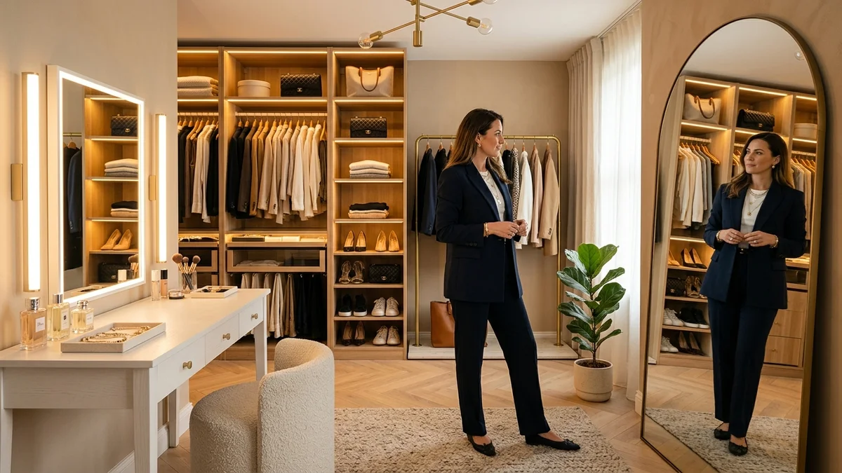 Stylish dressing room design with optimal lighting, mirror placement, and seating area