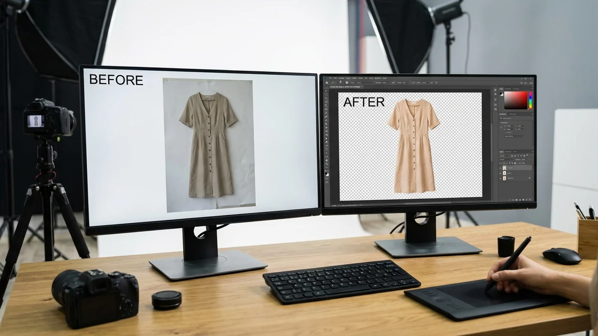 Clothing photo editing process showing before and after comparison