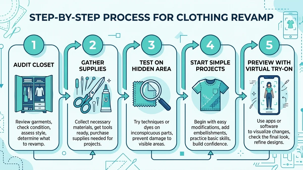 Step-by-step process infographic showing four stages of using virtual try-on for clothing revamp planning upload photo select style AI processing and preview result
