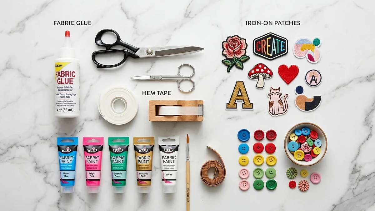 Collection of no-sew clothing revamp supplies including fabric glue scissors iron-on patches and hem tape