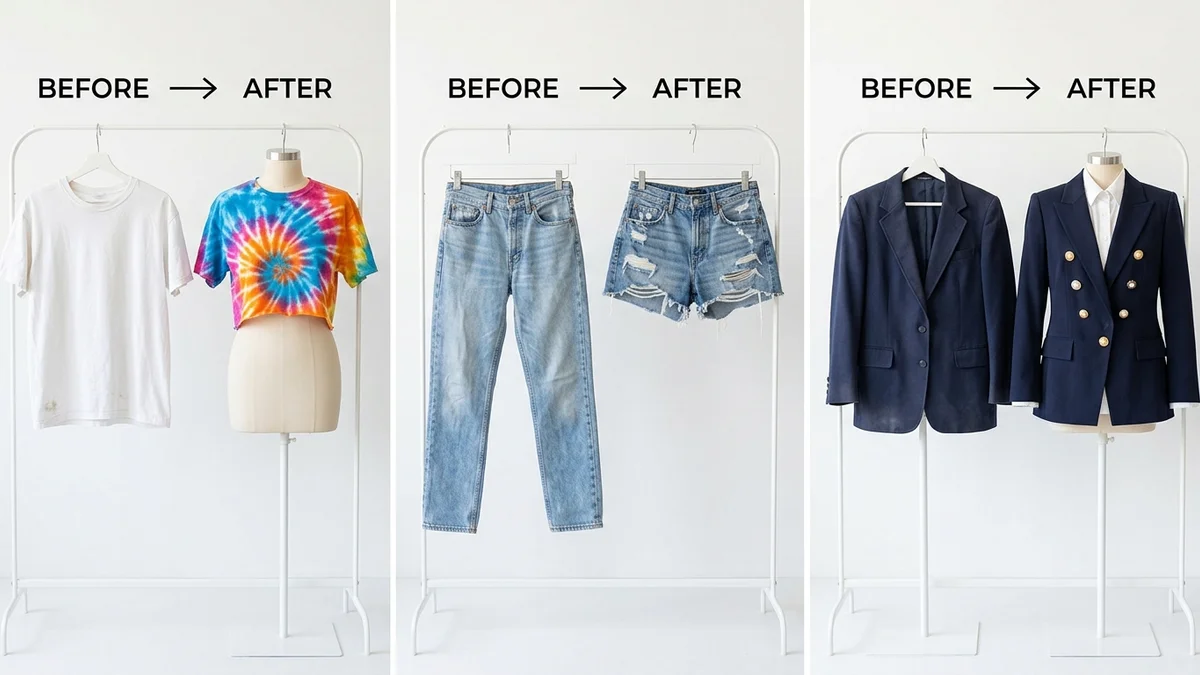 Colorful before and after examples of revamped clothing items including dyed shirts embroidered jeans and cropped jackets