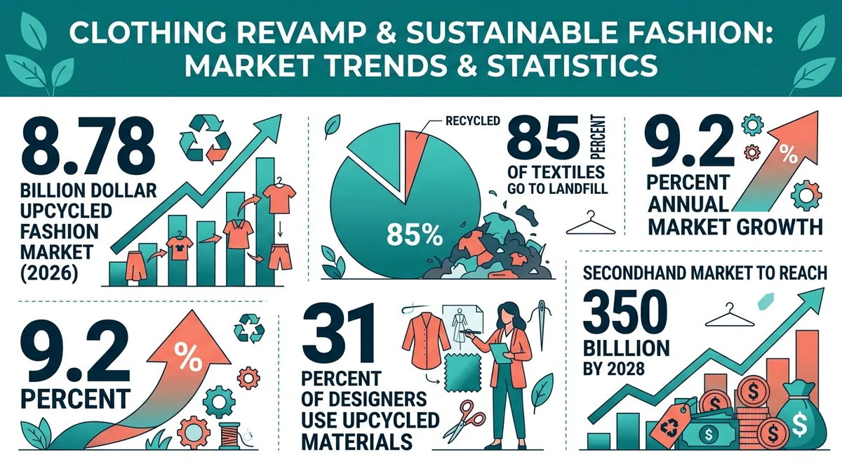 Clean statistics infographic showing clothing revamp market data with icons representing the 8.78 billion dollar upcycled fashion market in 2026 alongside 85 percent textile waste and 9.2 percent annual growth rate