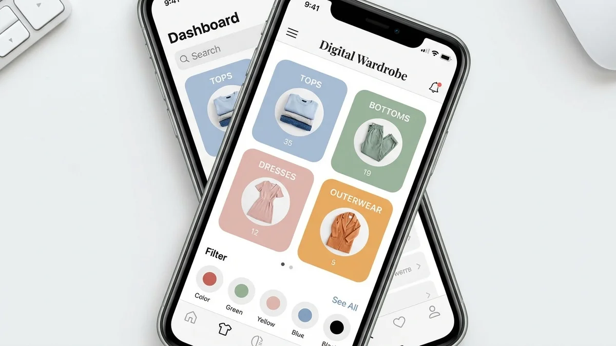 Create outfit app interface showing digital wardrobe and outfit planning features