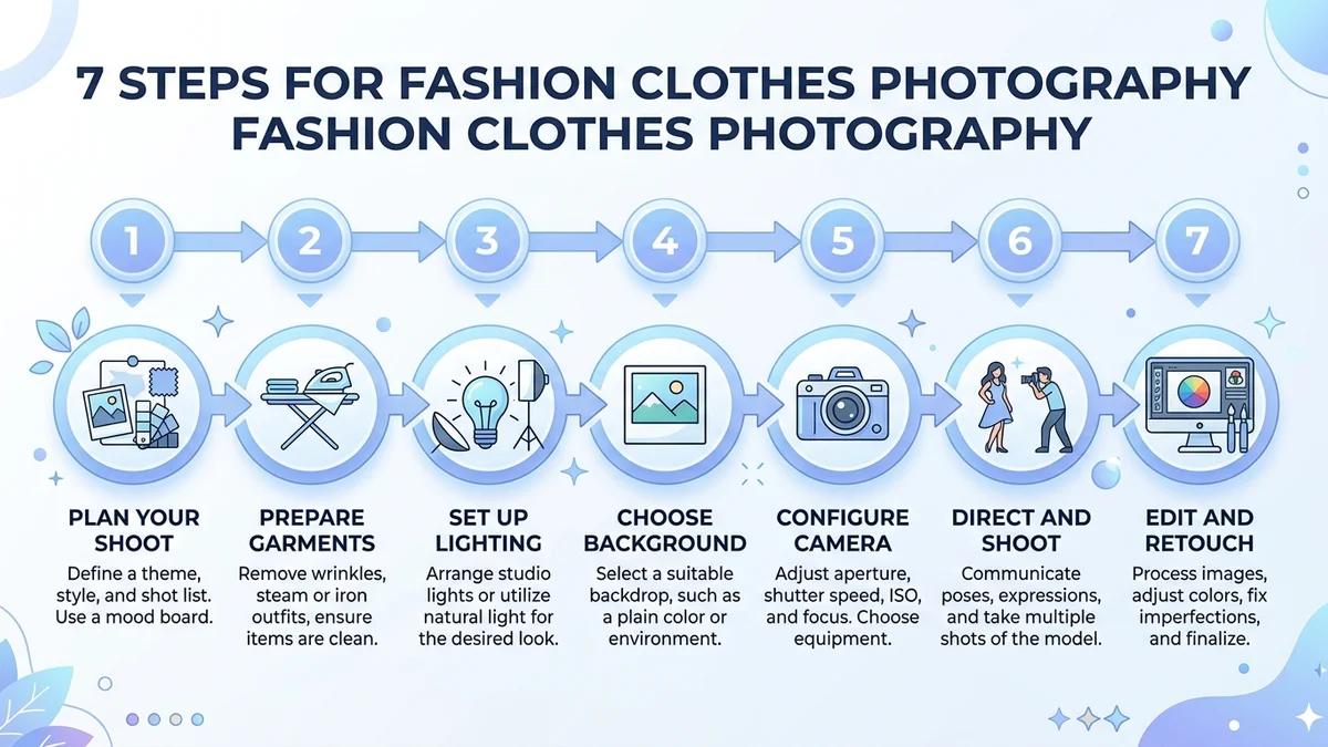 Step-by-step fashion clothes photography process from planning to final edit