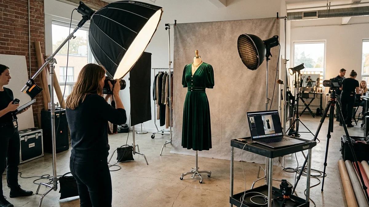 Fashion clothes photography studio setup with professional lighting and garments