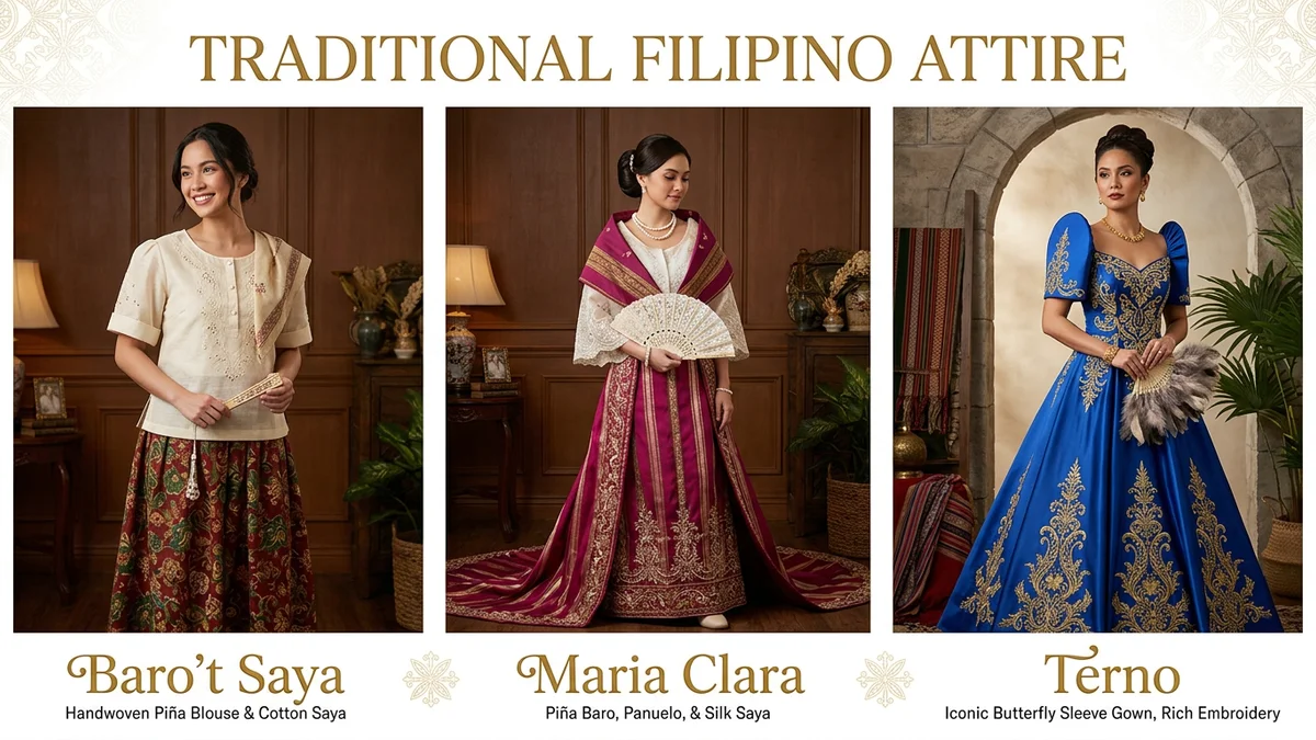 Collection of Filipino women's traditional dresses showing Baro't Saya, Maria Clara, and Terno styles