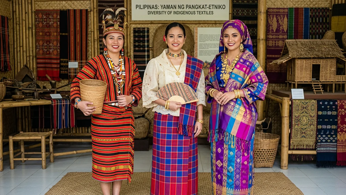 Map-style illustration showing diverse indigenous Filipino clothing from Luzon, Visayas, and Mindanao regions