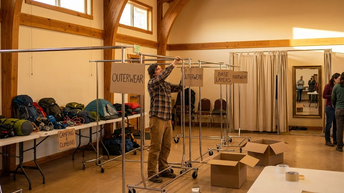 Organizer setting up a gear swap venue with clothing racks, mirrors, and labeled category sections