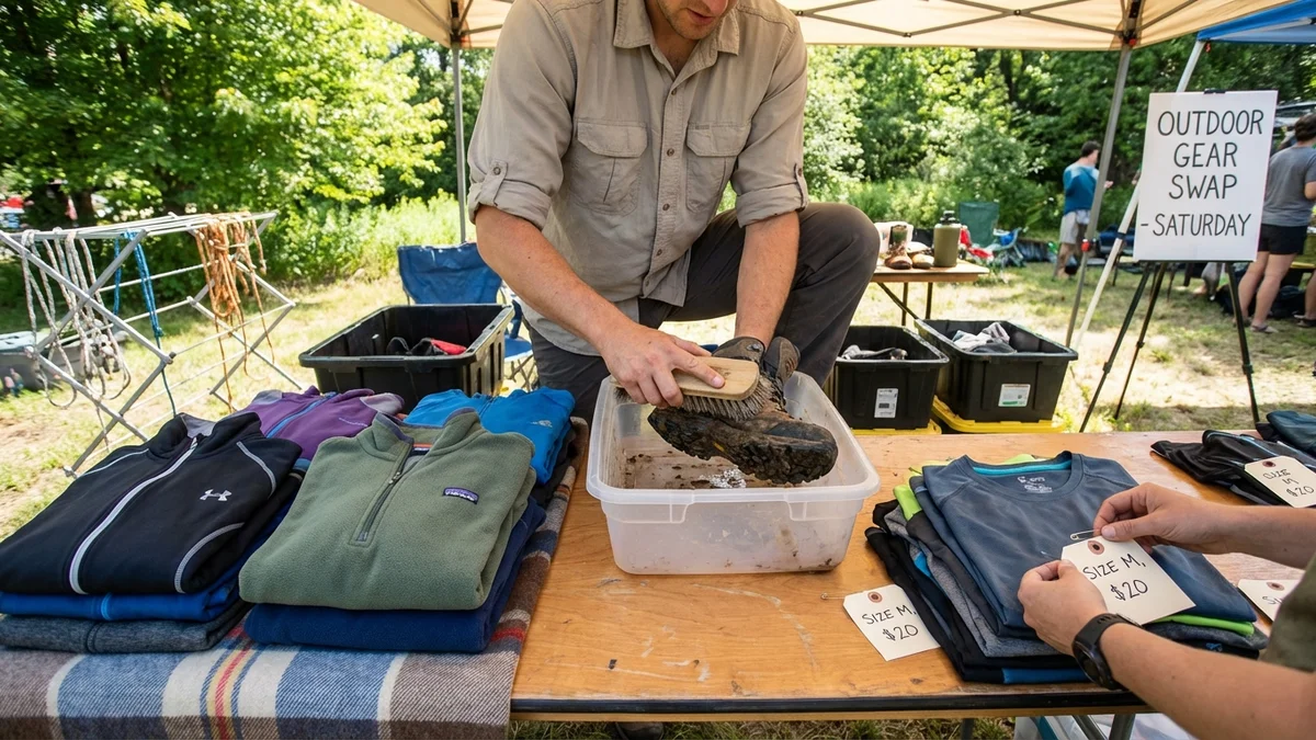 Person preparing gear for a swap event, cleaning hiking boots and folding athletic wear neatly