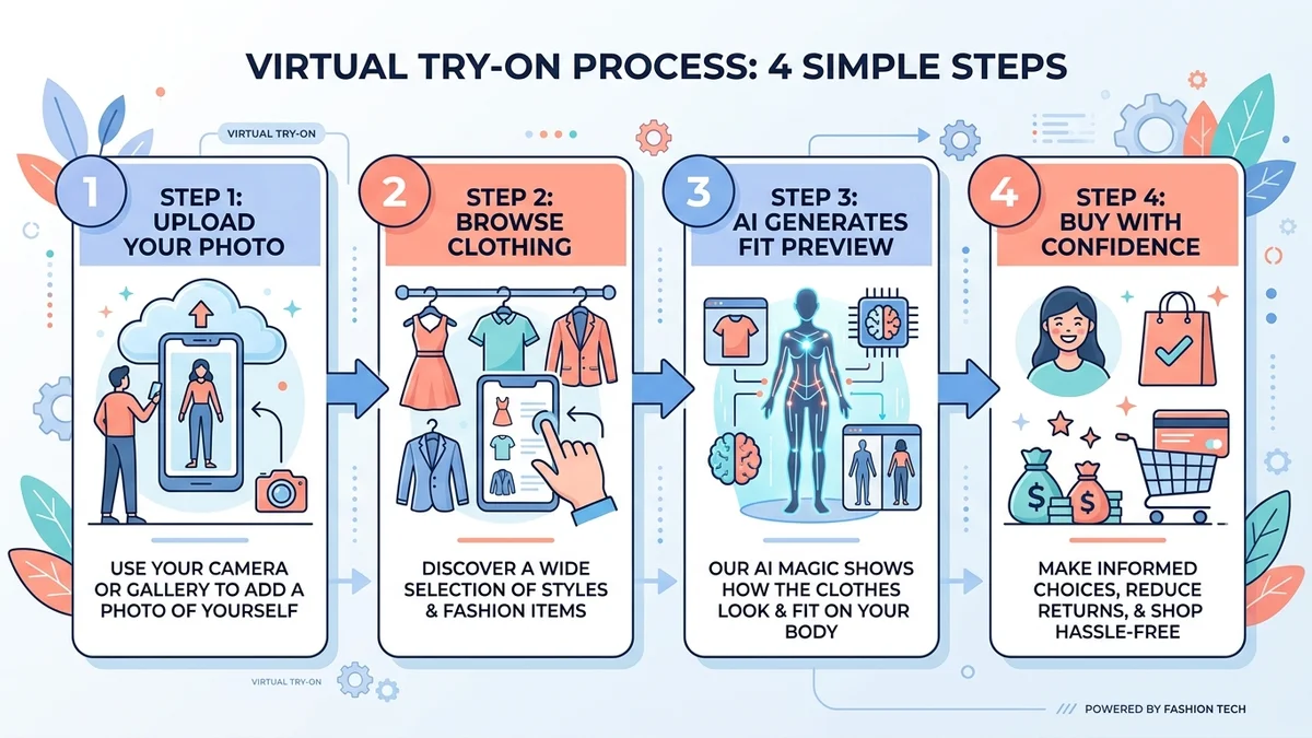 Step-by-step process infographic showing how virtual try-on works from photo upload to final result