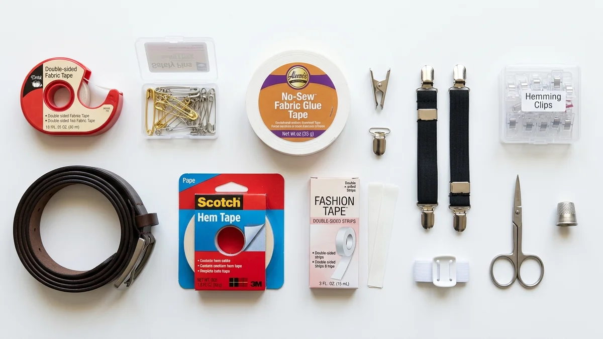 Collection of no-sew alteration tools including fabric tape clips safety pins and measuring tape on white background