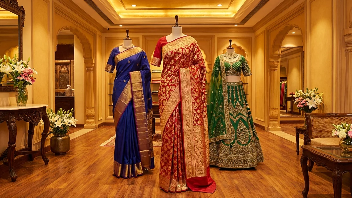 Elegant display of various Indian traditional garments including sarees and lehengas