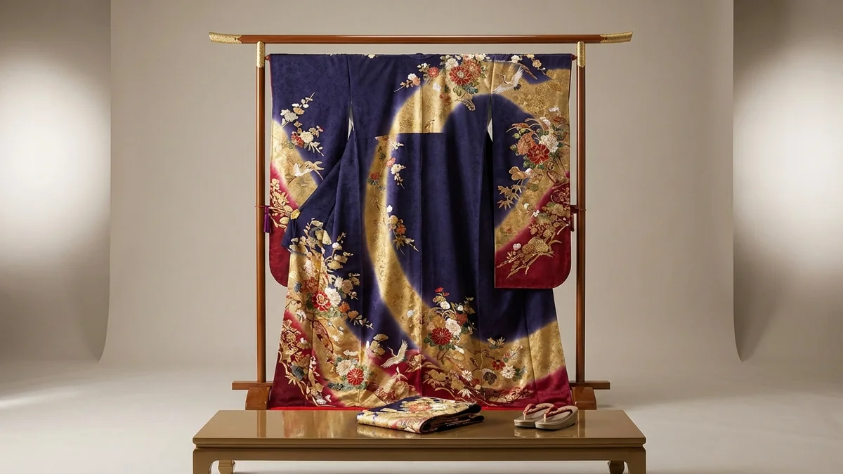 Japanese traditional clothing display featuring kimono, yukata, and hakama in a museum setting