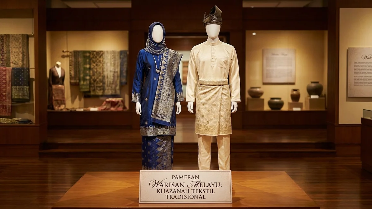 Traditional Malaysian clothing display featuring baju kurung, kebaya, and cultural accessories