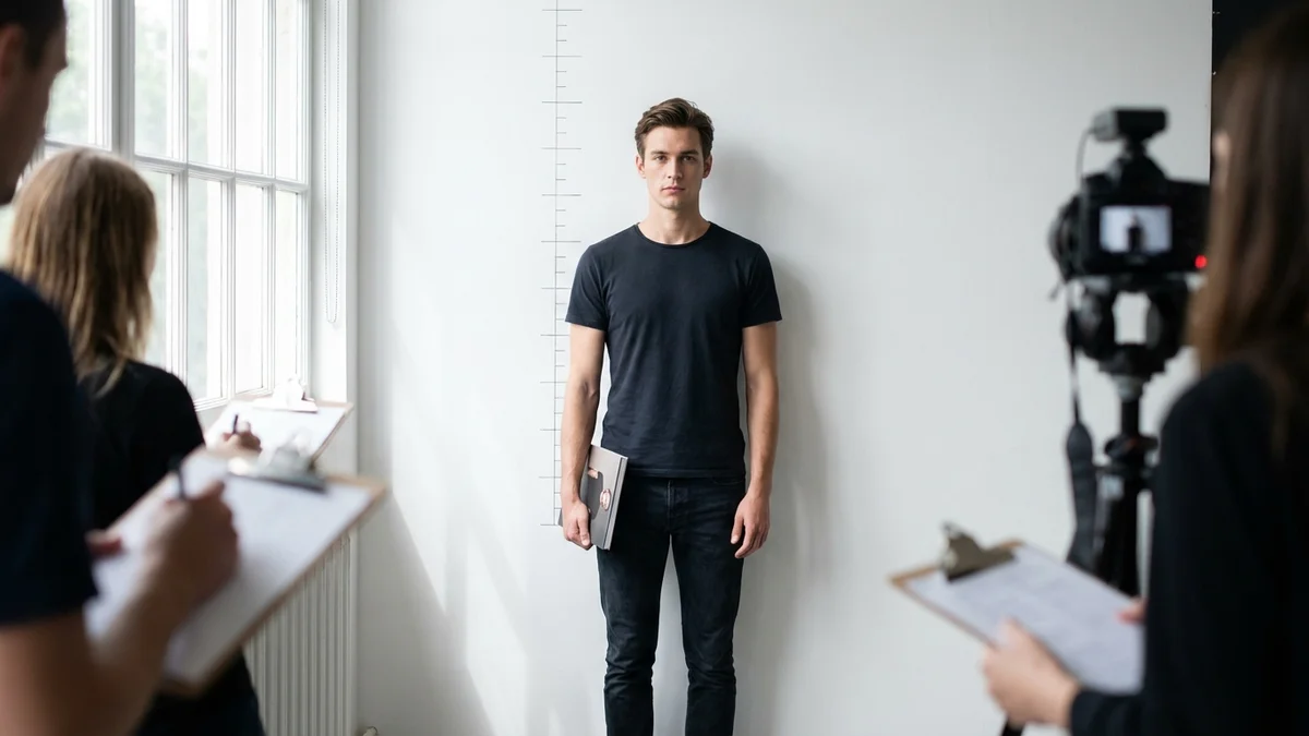 Fashion casting scene with male models preparing for luxury brand audition