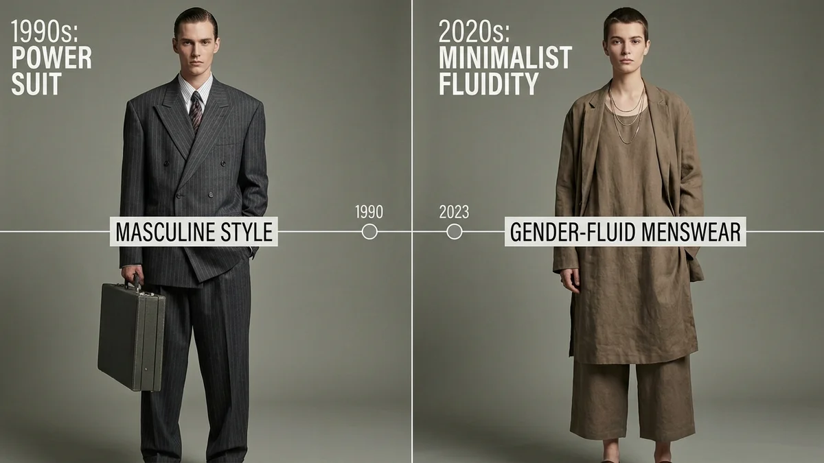 Evolution of Gucci menswear style from 1990s power suits to modern gender-fluid fashion