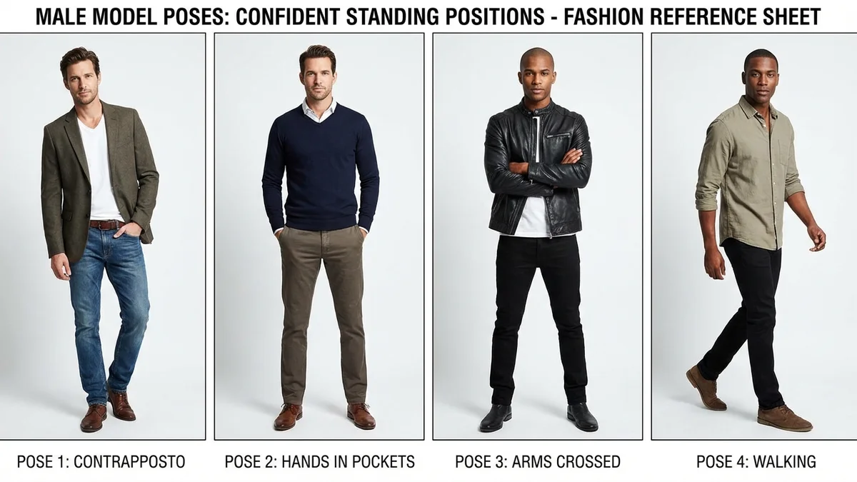 Different male model standing poses demonstrating confidence and variety