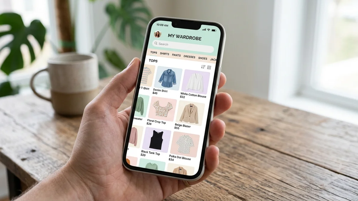Digital wardrobe interface showing organized clothing items on a smartphone screen
