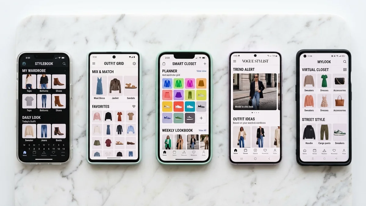 Collection of popular outfit stylist app interfaces displayed on multiple smartphones