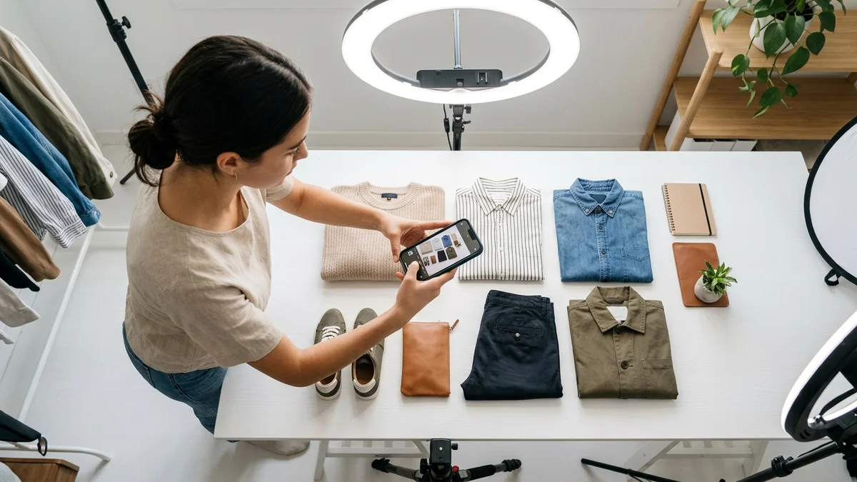 Person photographing clothing items with good lighting for wardrobe digitization