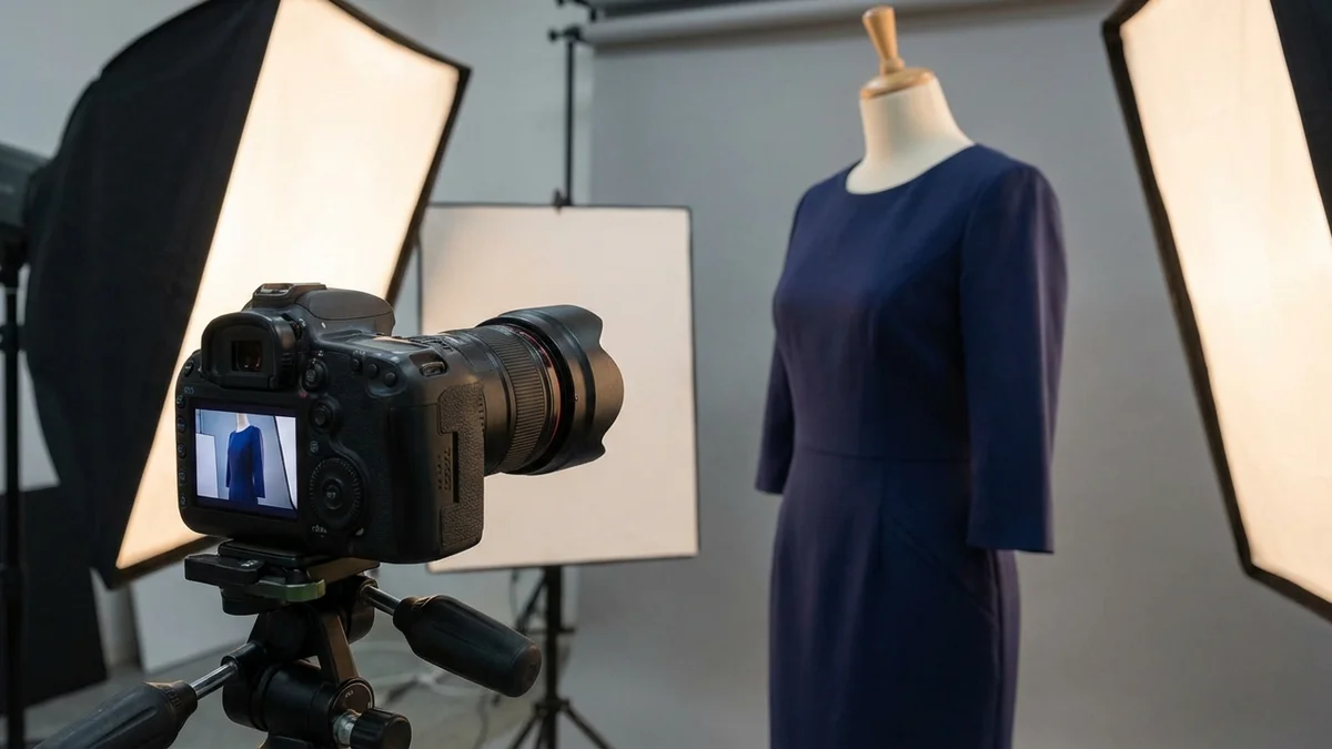 Professional clothing photography setup with camera, lighting, and garments