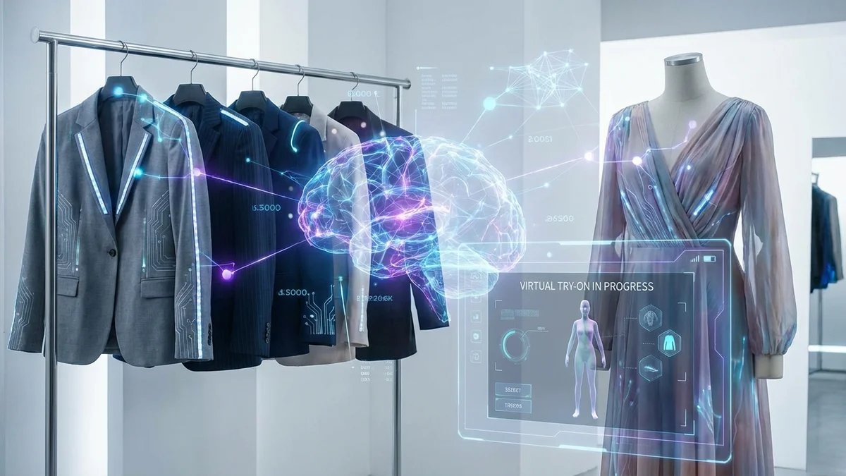 AI virtual try-on technology visualization showing clothes being added to photo