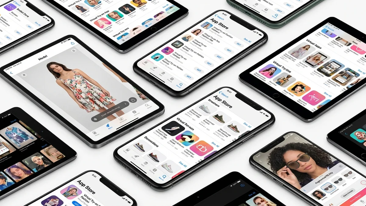 Collection of virtual try-on apps displayed on multiple device screens