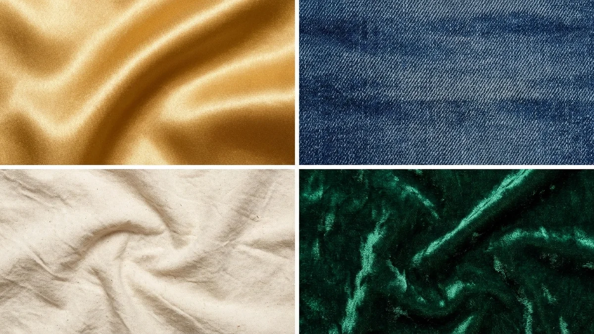 Close-up comparison of realistic AI fabric textures showing silk, denim, and cotton rendering