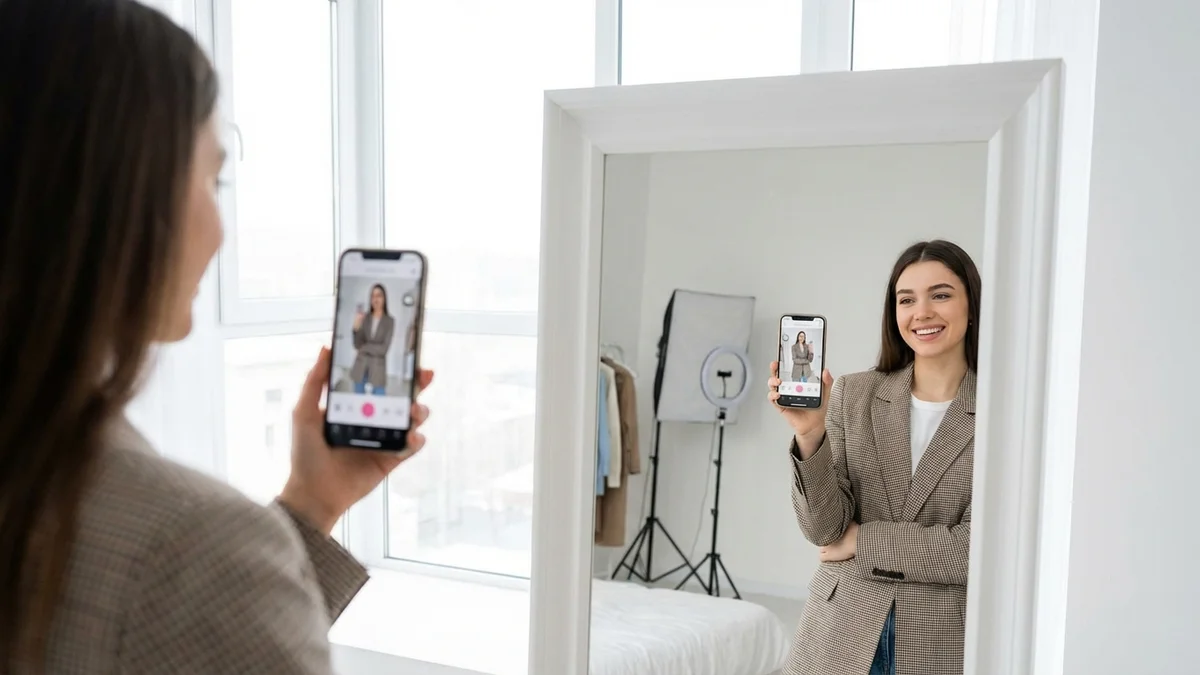 Person taking a well-lit selfie for virtual try-on using smartphone and ring light
