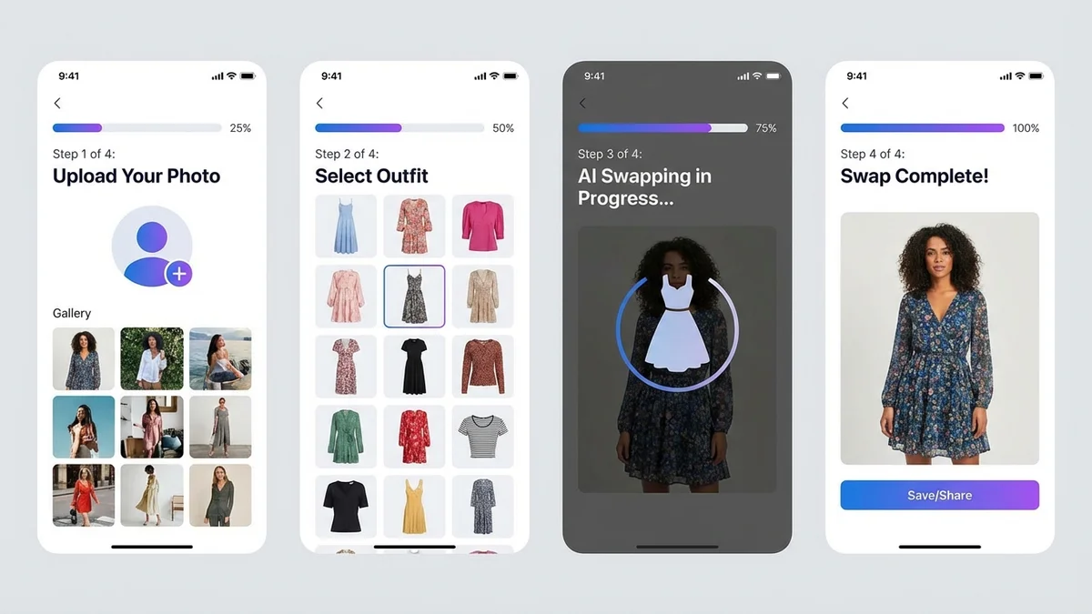 Step-by-step process of swapping dress using AI tool