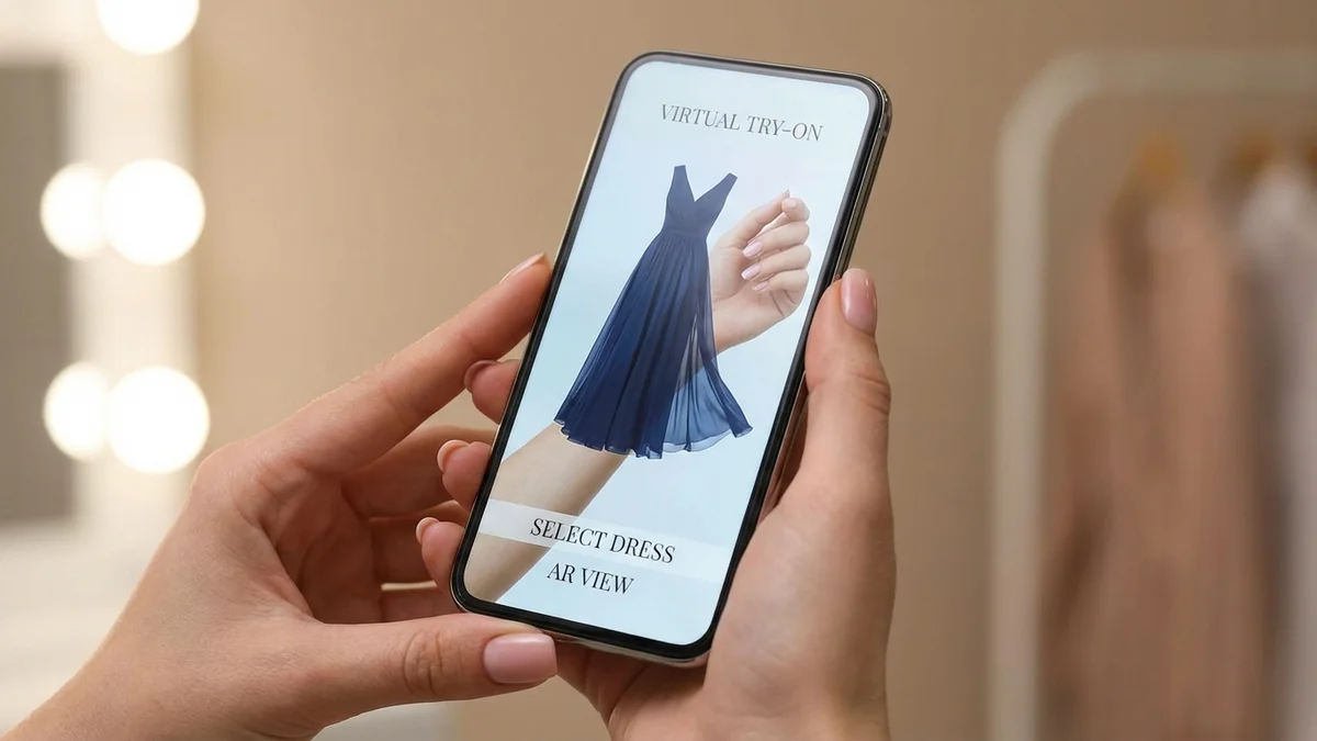 Woman using smartphone to virtually try on dresses with AI technology