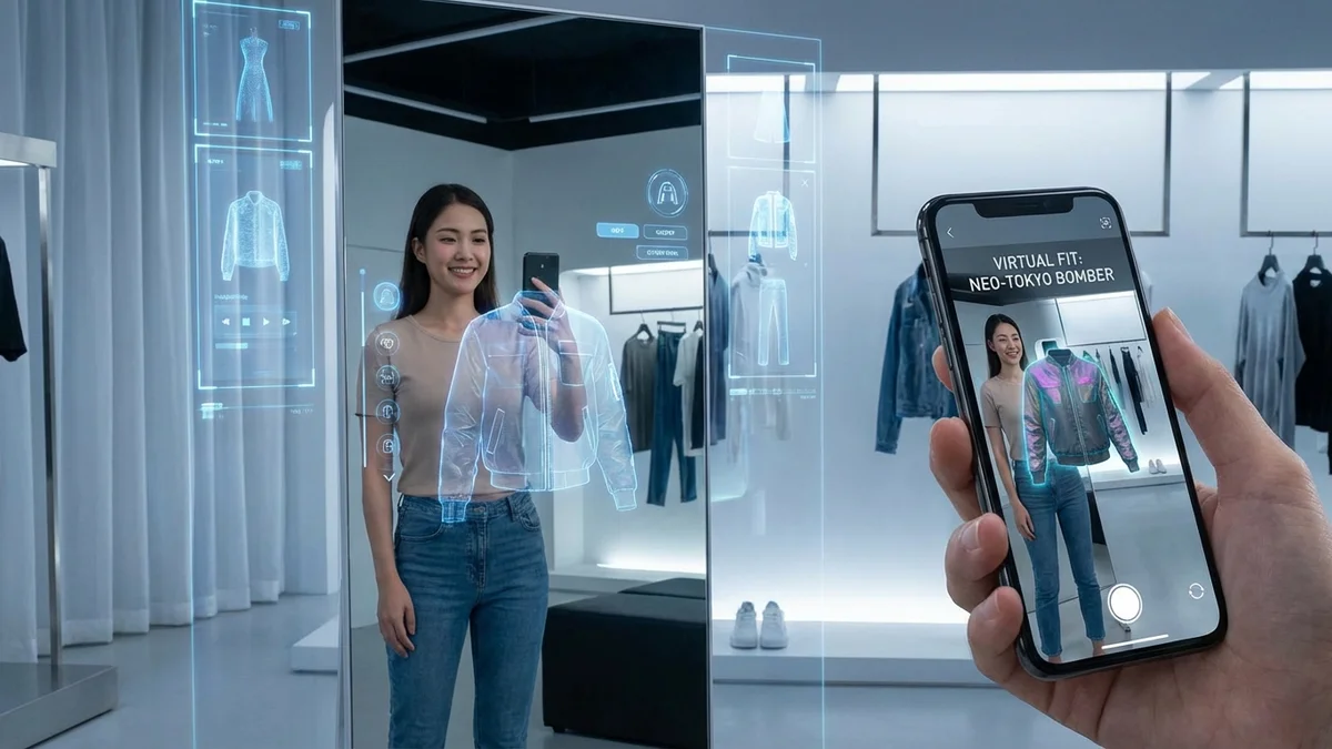 Person using AR virtual fitting room technology on smartphone to see clothes on themselves