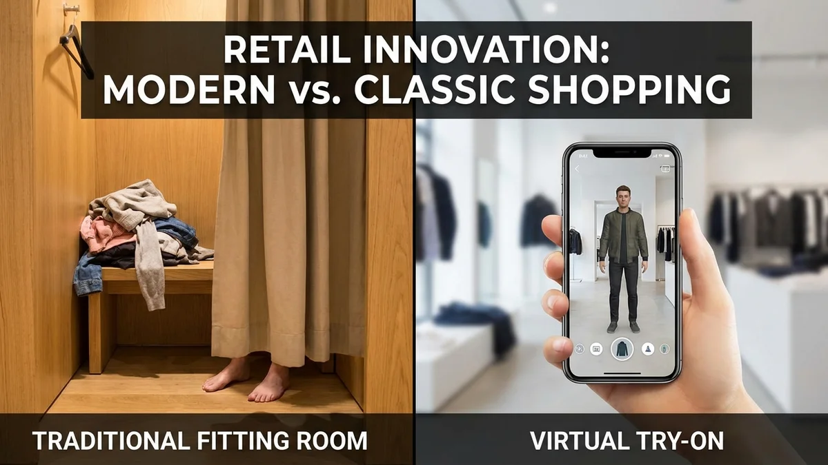 Comparison of traditional fitting room experience vs virtual try-on on phone